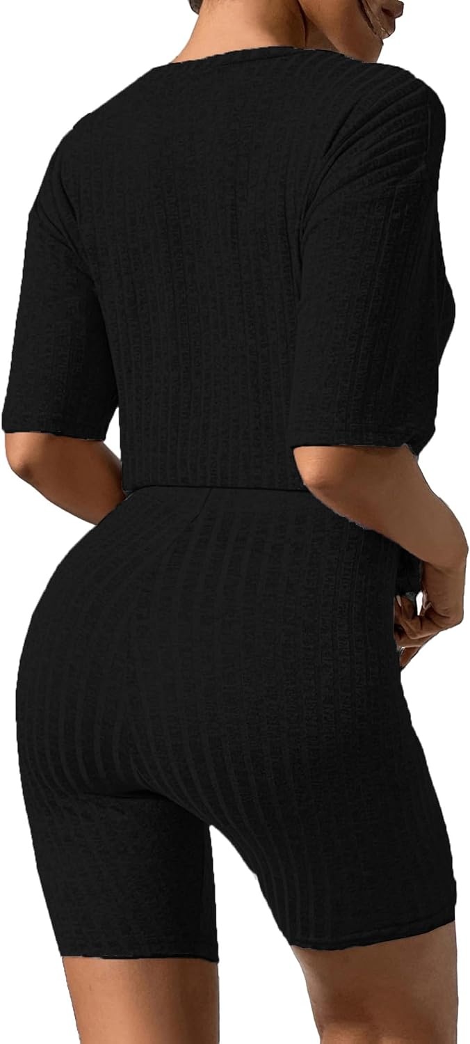 image:imageEkouaer Women 2 Piece Lounge Sets Ribbed Knit Oversized Shirt Biker ShortsBlack