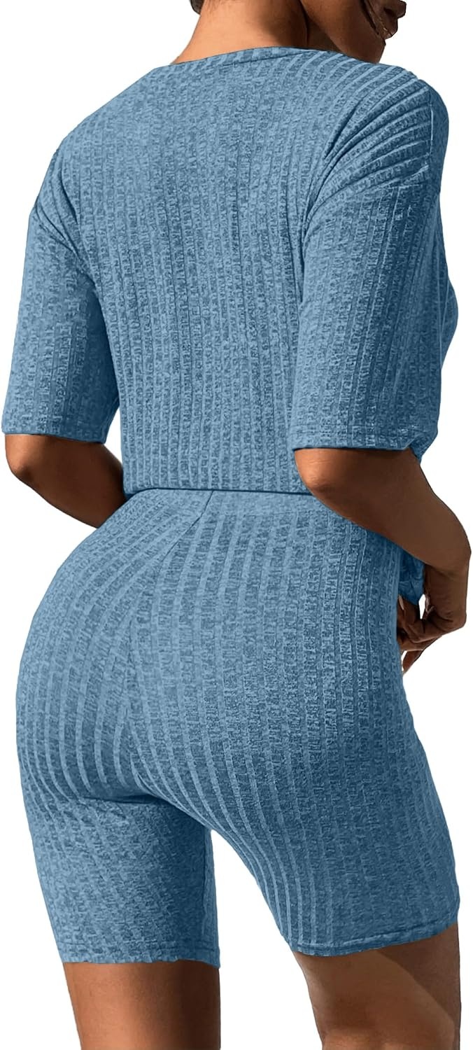 image:imageEkouaer Women 2 Piece Lounge Sets Ribbed Knit Oversized Shirt Biker ShortsBlue