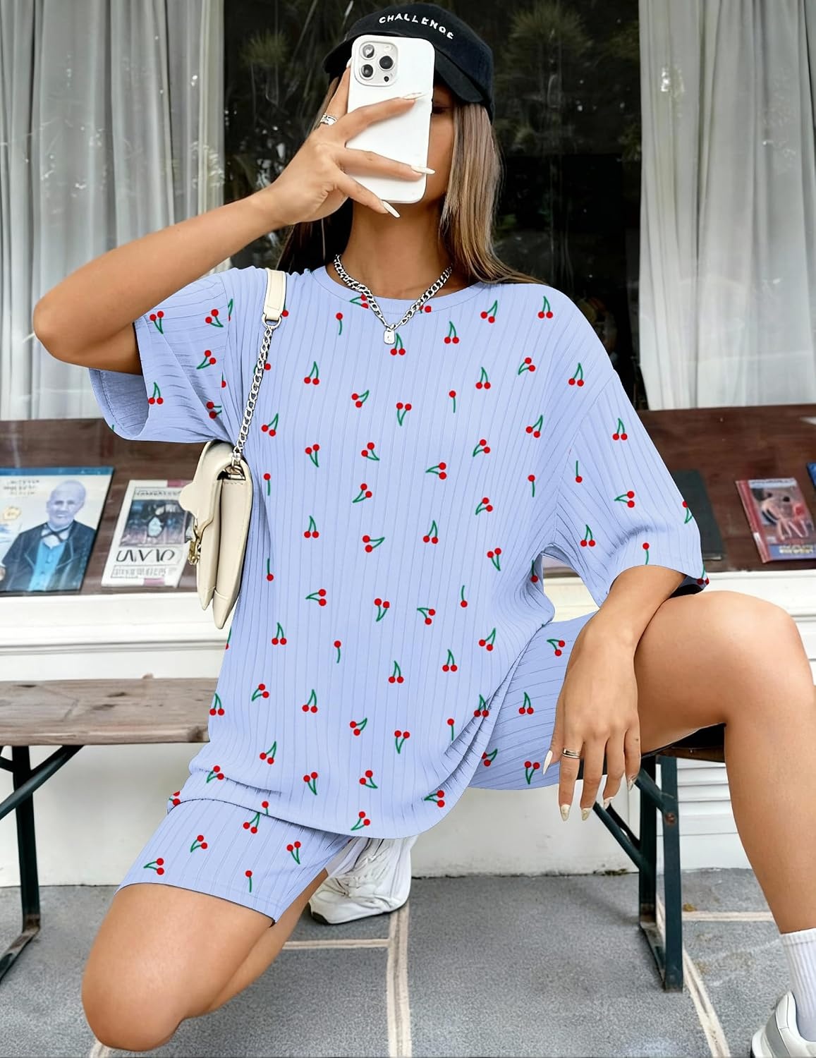 image:imageEkouaer Women 2 Piece Lounge Sets Ribbed Knit Oversized Shirt Biker ShortsBlue Cherry