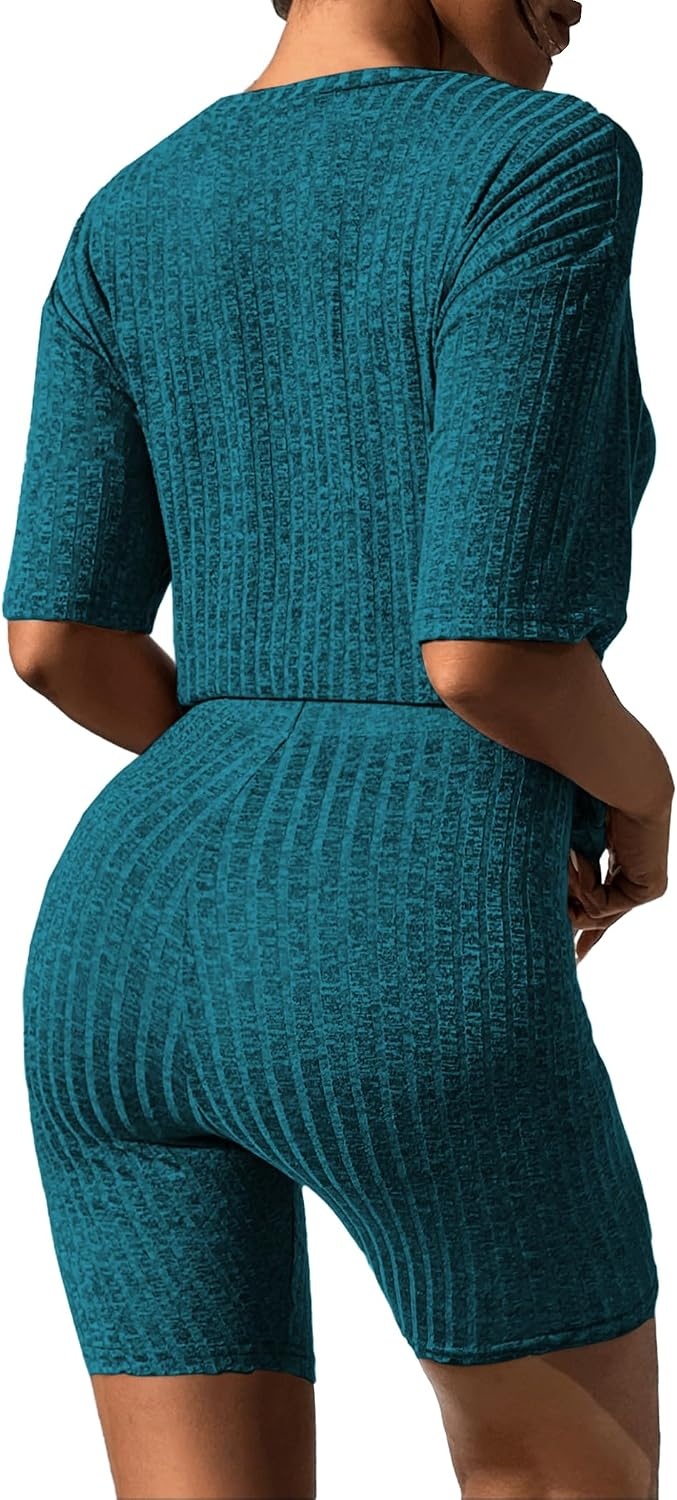 image:imageEkouaer Women 2 Piece Lounge Sets Ribbed Knit Oversized Shirt Biker ShortsBlue and Green
