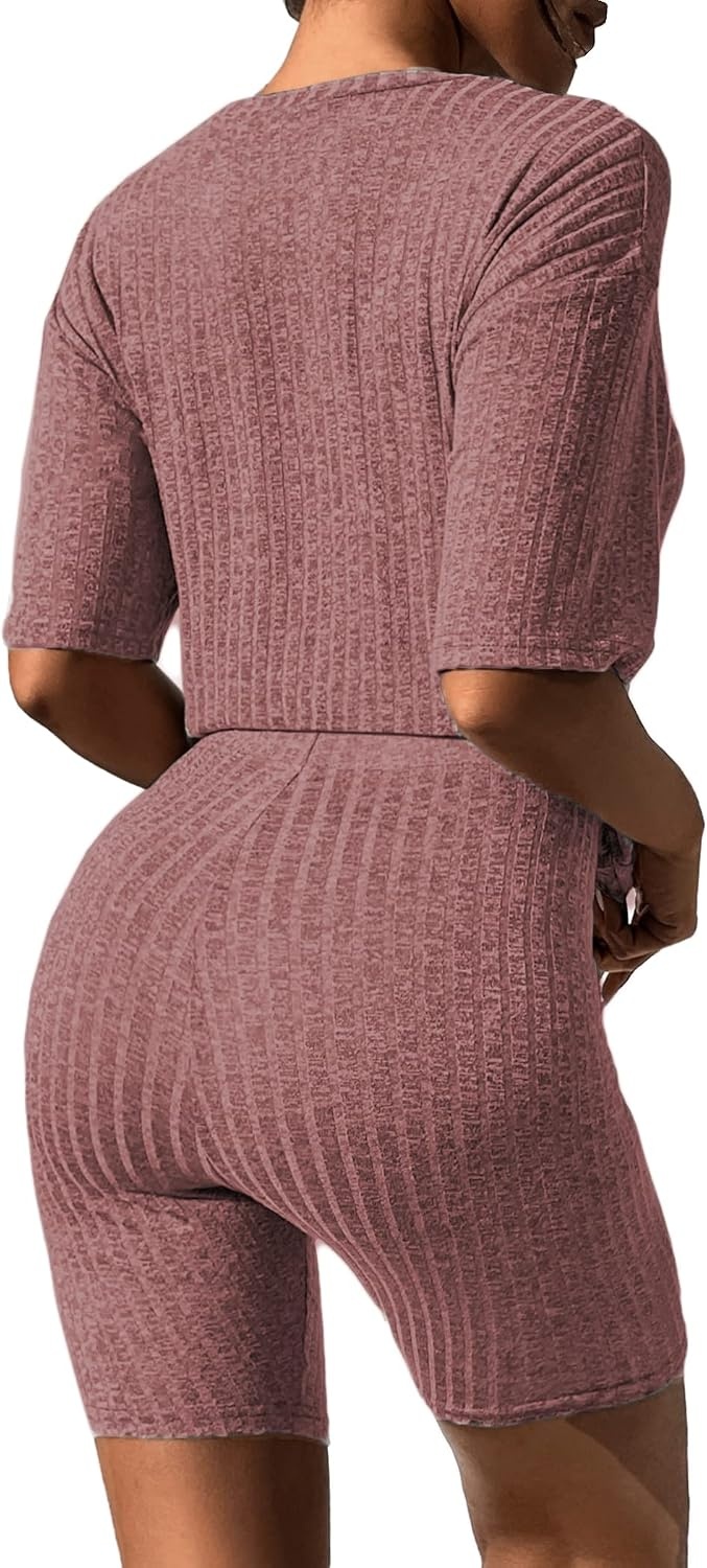 image:imageEkouaer Women 2 Piece Lounge Sets Ribbed Knit Oversized Shirt Biker ShortsBurgundy