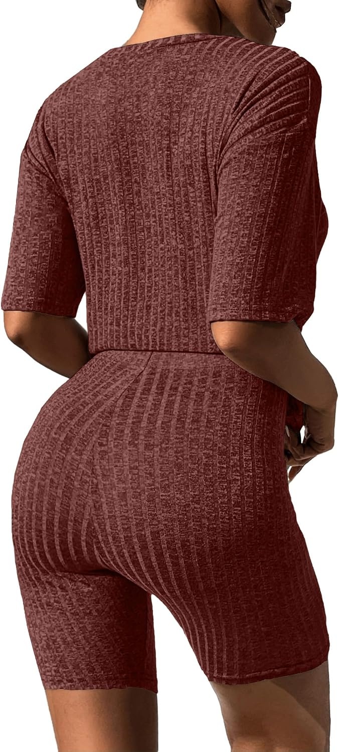 image:imageEkouaer Women 2 Piece Lounge Sets Ribbed Knit Oversized Shirt Biker ShortsCaramel