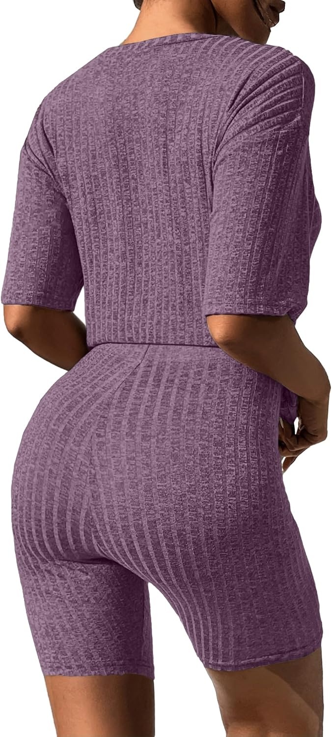 image:imageEkouaer Women 2 Piece Lounge Sets Ribbed Knit Oversized Shirt Biker ShortsDark Purple