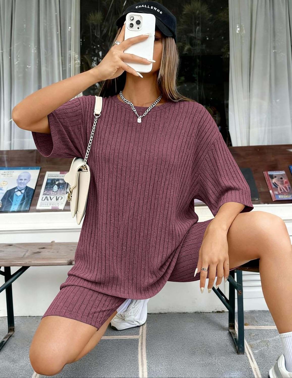 image:imageEkouaer Women 2 Piece Lounge Sets Ribbed Knit Oversized Shirt Biker ShortsDark Red