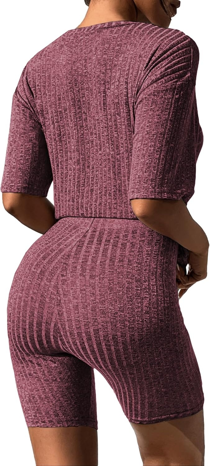 image:imageEkouaer Women 2 Piece Lounge Sets Ribbed Knit Oversized Shirt Biker ShortsDark Red