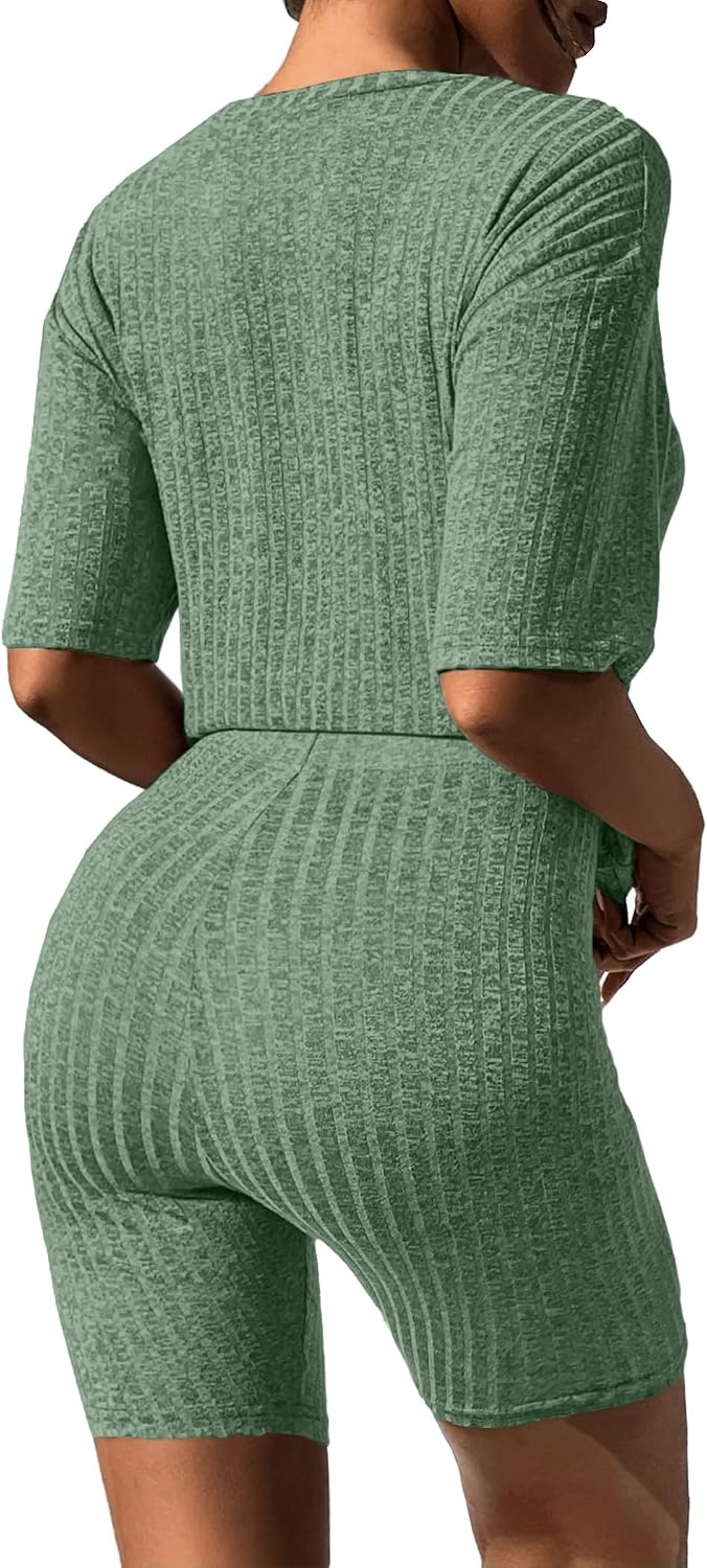image:imageEkouaer Women 2 Piece Lounge Sets Ribbed Knit Oversized Shirt Biker ShortsDeep Army Green