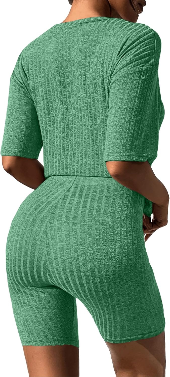 image:imageEkouaer Women 2 Piece Lounge Sets Ribbed Knit Oversized Shirt Biker ShortsGreen