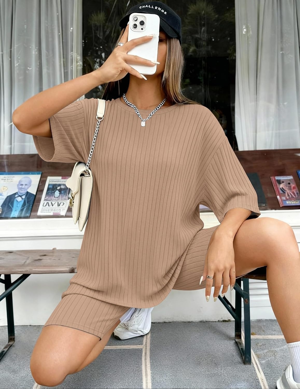 image:imageEkouaer Women 2 Piece Lounge Sets Ribbed Knit Oversized Shirt Biker ShortsKhaki