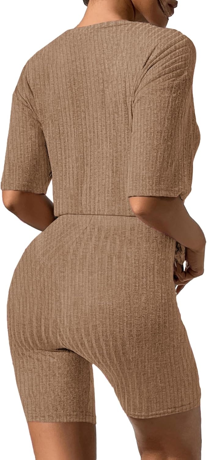 image:imageEkouaer Women 2 Piece Lounge Sets Ribbed Knit Oversized Shirt Biker ShortsKhaki