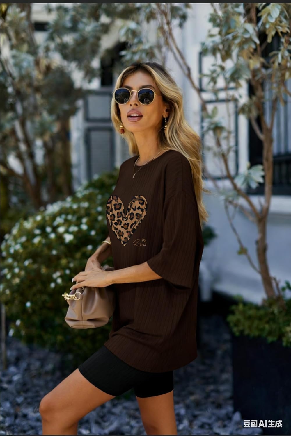 image:imageEkouaer Women 2 Piece Lounge Sets Ribbed Knit Oversized Shirt Biker ShortsLeopard Heart