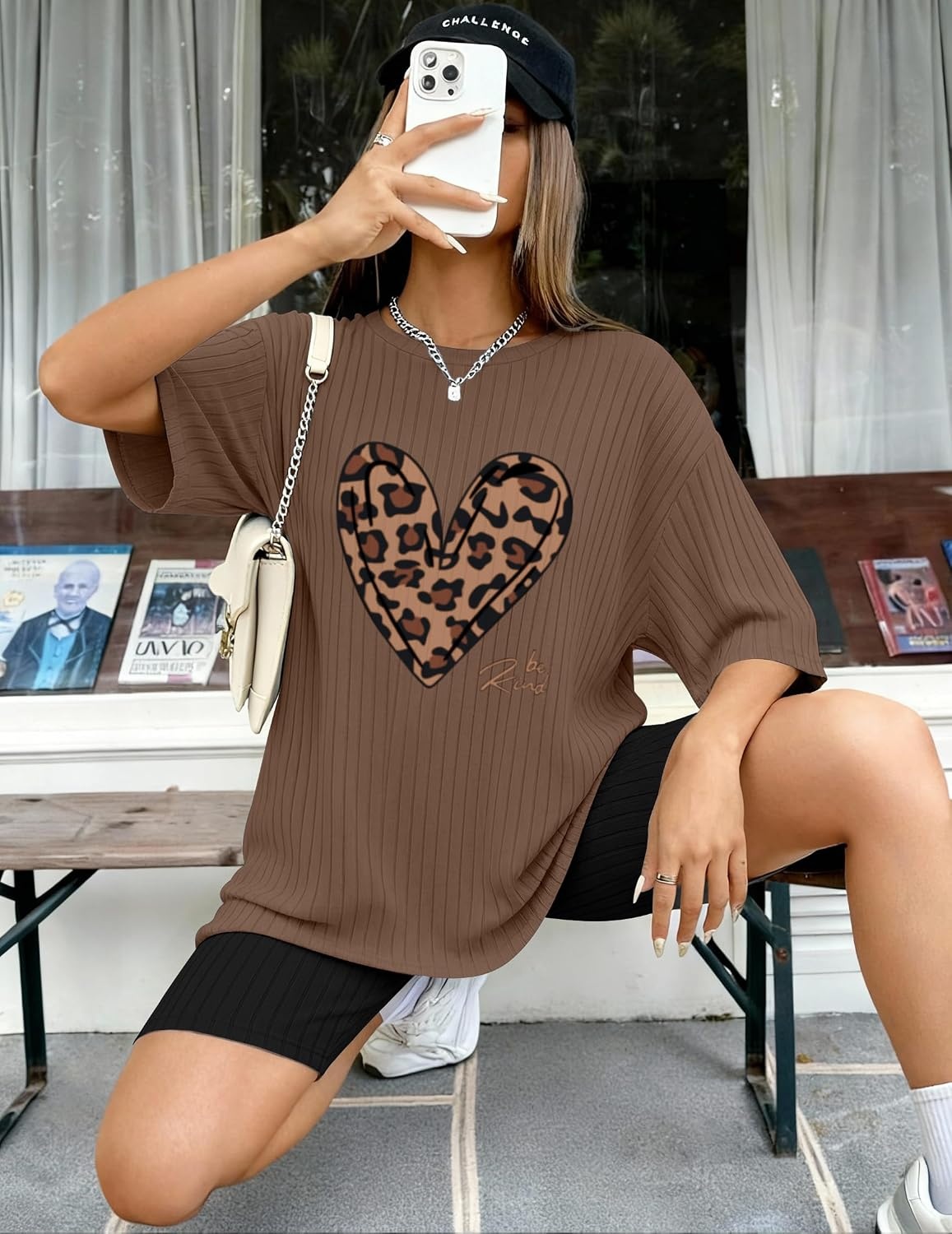 image:imageEkouaer Women 2 Piece Lounge Sets Ribbed Knit Oversized Shirt Biker ShortsLeopard Heart