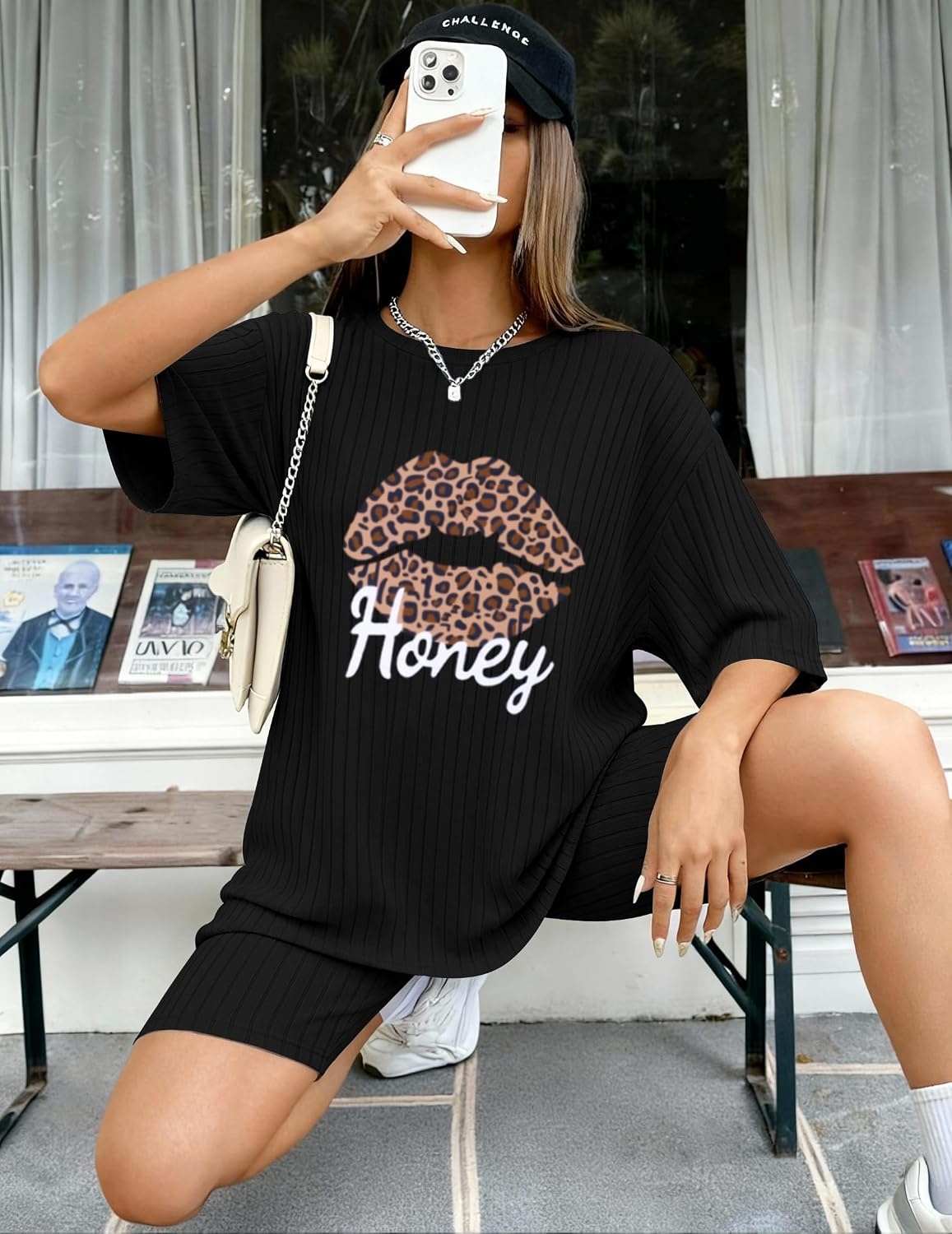 image:imageEkouaer Women 2 Piece Lounge Sets Ribbed Knit Oversized Shirt Biker ShortsLeopard Lips