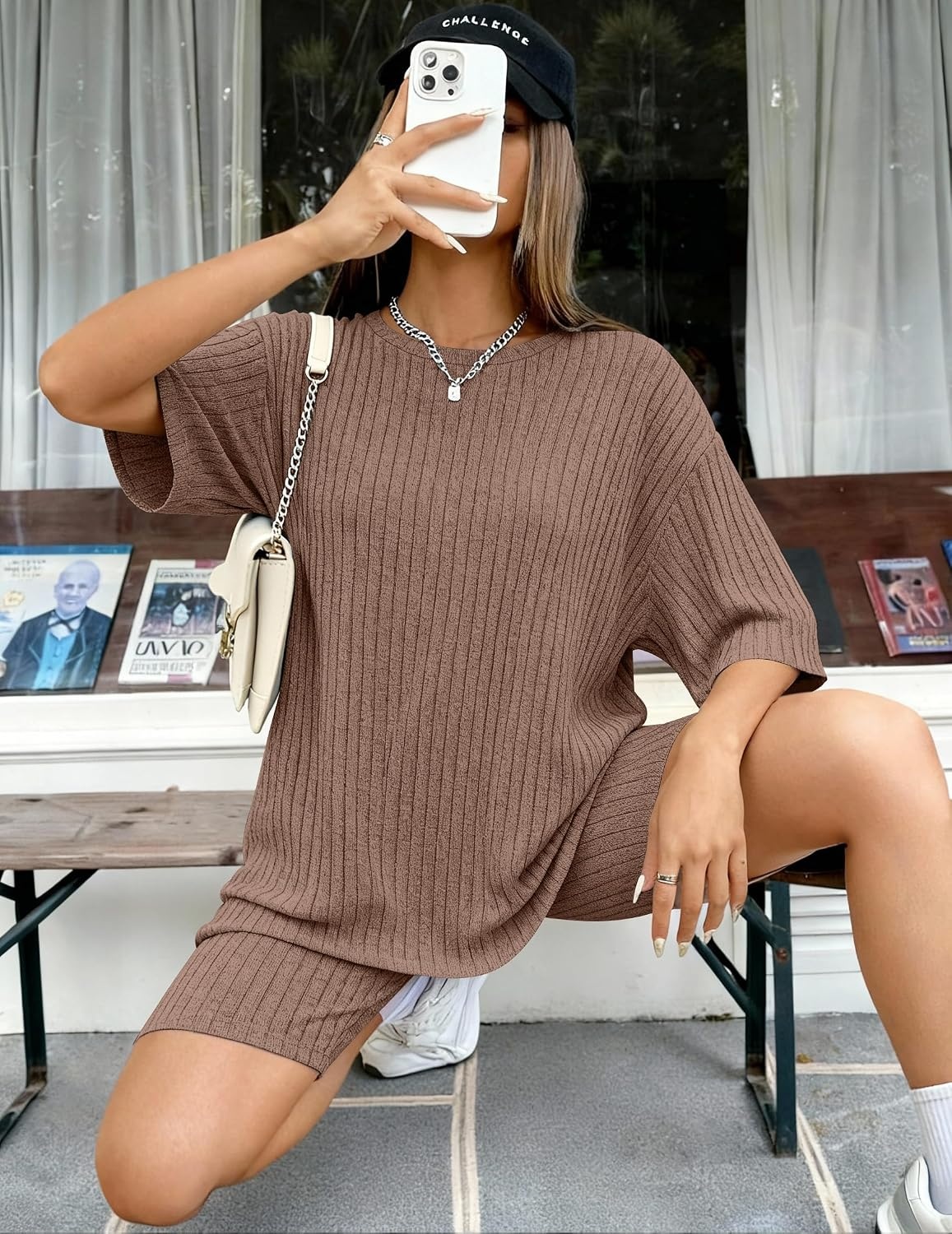 image:imageEkouaer Women 2 Piece Lounge Sets Ribbed Knit Oversized Shirt Biker ShortsLight Brown