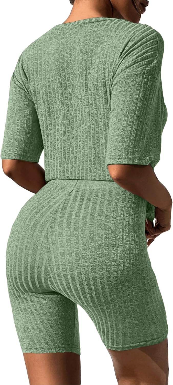 image:imageEkouaer Women 2 Piece Lounge Sets Ribbed Knit Oversized Shirt Biker ShortsLight Green