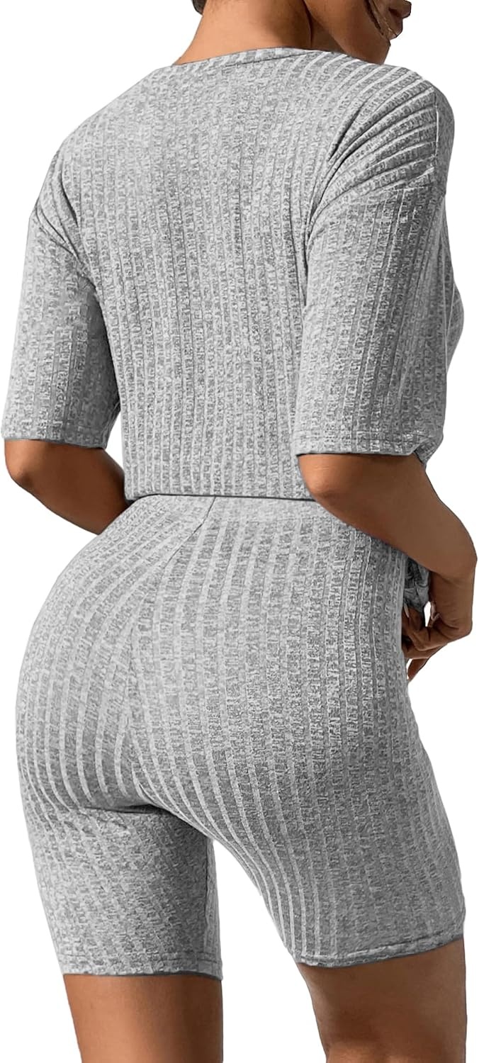 image:imageEkouaer Women 2 Piece Lounge Sets Ribbed Knit Oversized Shirt Biker ShortsLight Grey