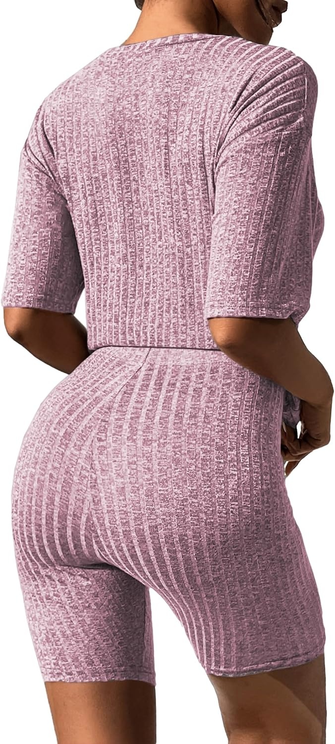 image:imageEkouaer Women 2 Piece Lounge Sets Ribbed Knit Oversized Shirt Biker ShortsLight Pink