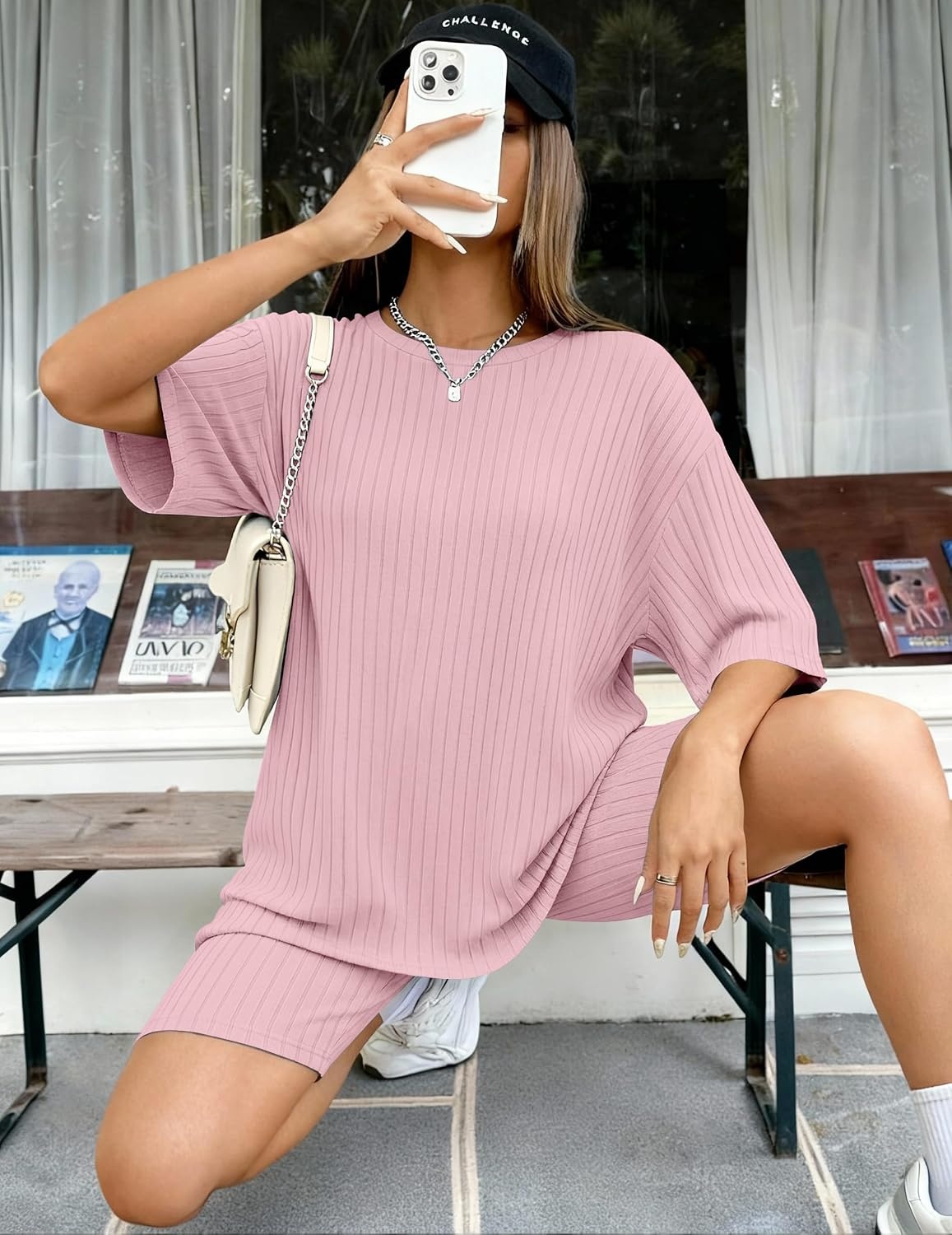 image:imageEkouaer Women 2 Piece Lounge Sets Ribbed Knit Oversized Shirt Biker ShortsPink