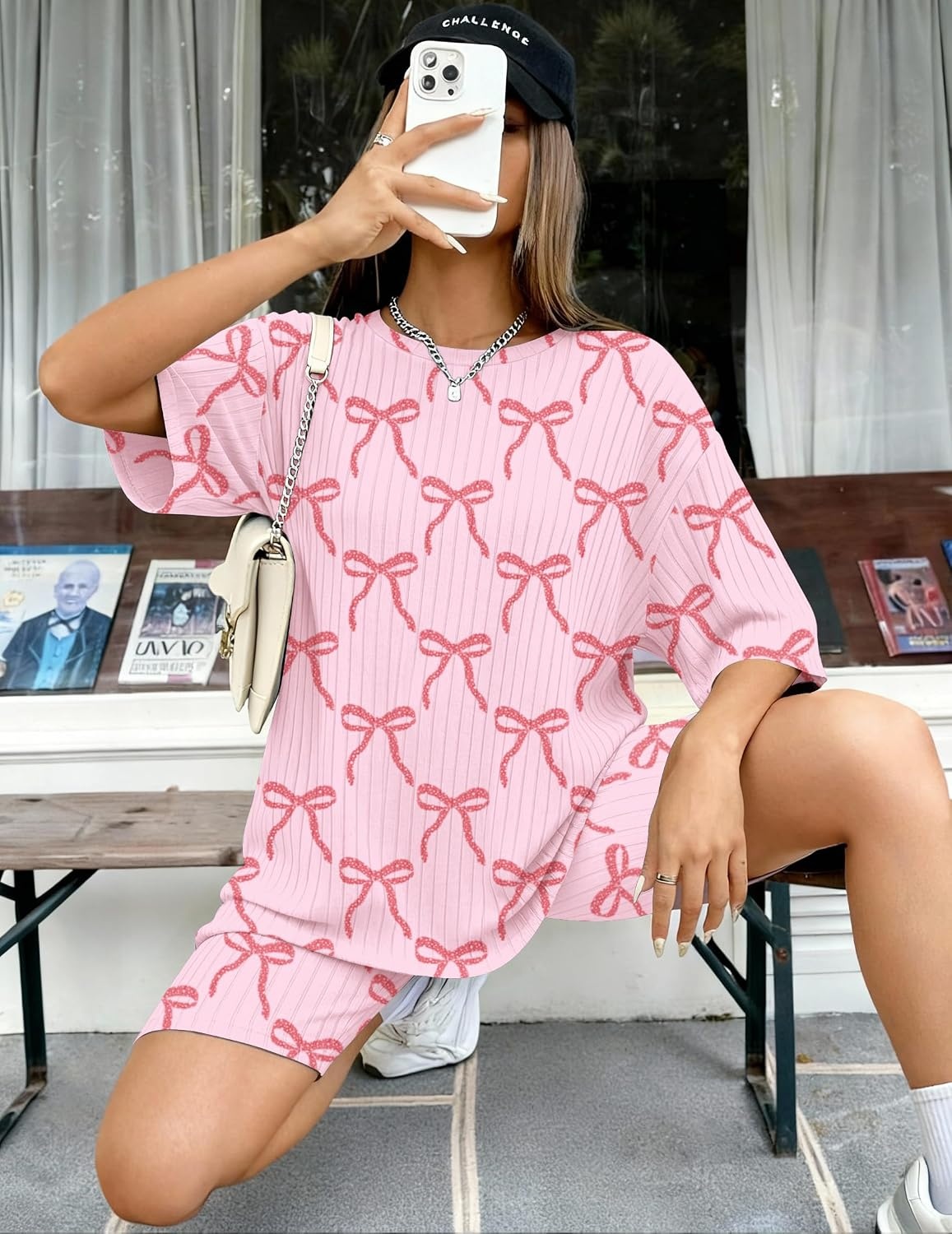 image:imageEkouaer Women 2 Piece Lounge Sets Ribbed Knit Oversized Shirt Biker ShortsPink Bow