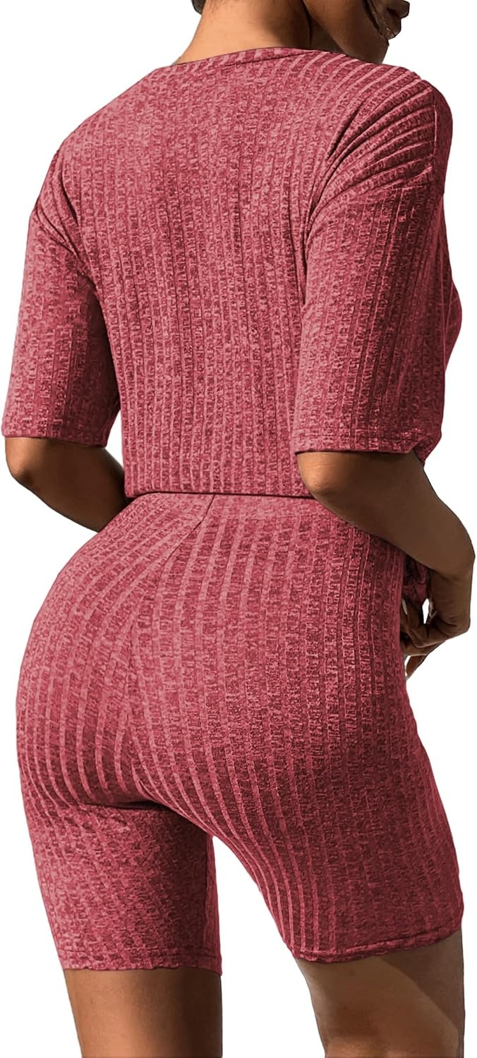 image:imageEkouaer Women 2 Piece Lounge Sets Ribbed Knit Oversized Shirt Biker ShortsRed