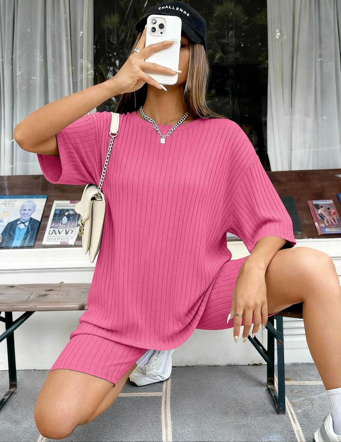 image:imageEkouaer Women 2 Piece Lounge Sets Ribbed Knit Oversized Shirt Biker ShortsRose Pink