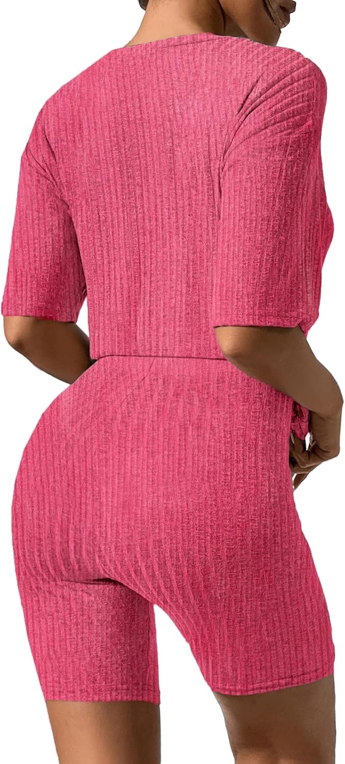 image:imageEkouaer Women 2 Piece Lounge Sets Ribbed Knit Oversized Shirt Biker ShortsRose Pink