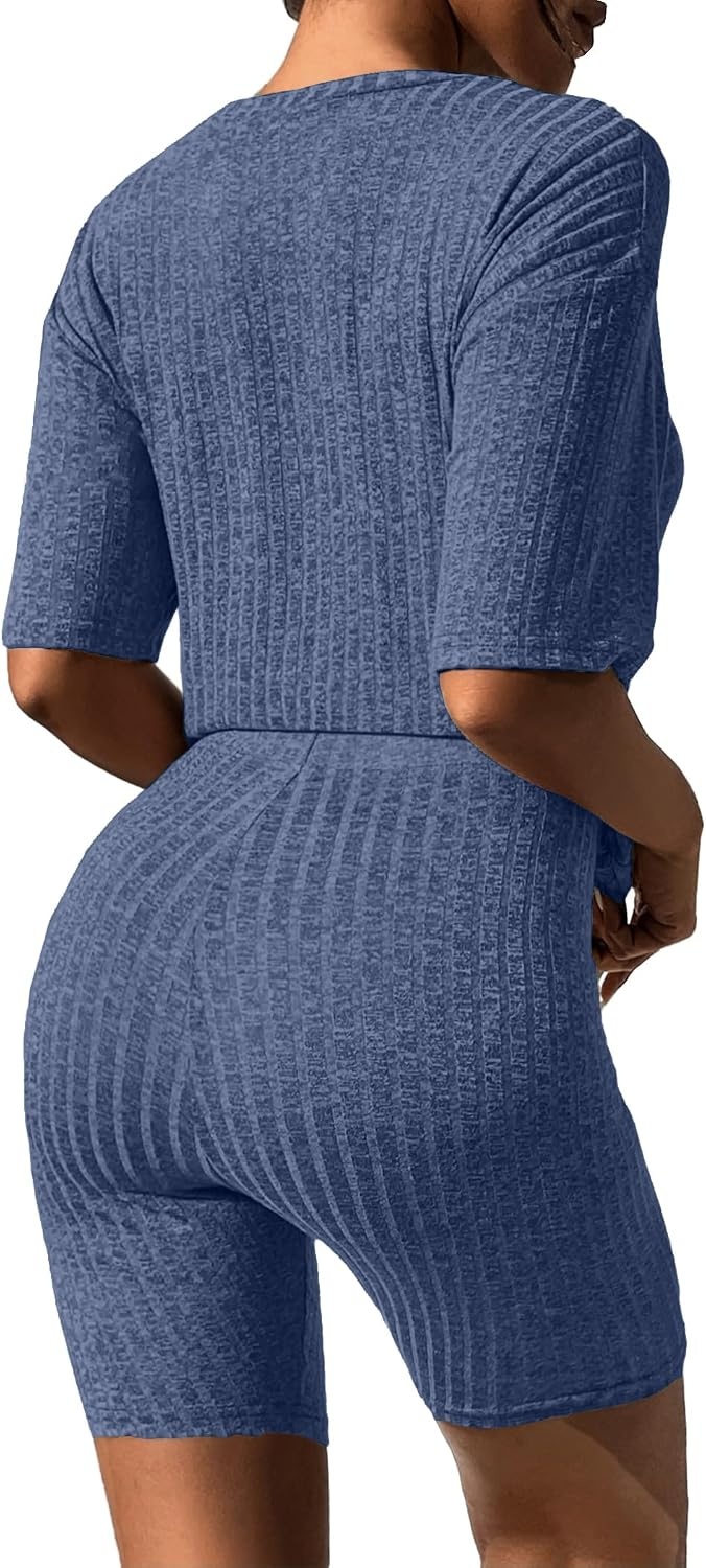 image:imageEkouaer Women 2 Piece Lounge Sets Ribbed Knit Oversized Shirt Biker ShortsRoyal Blue