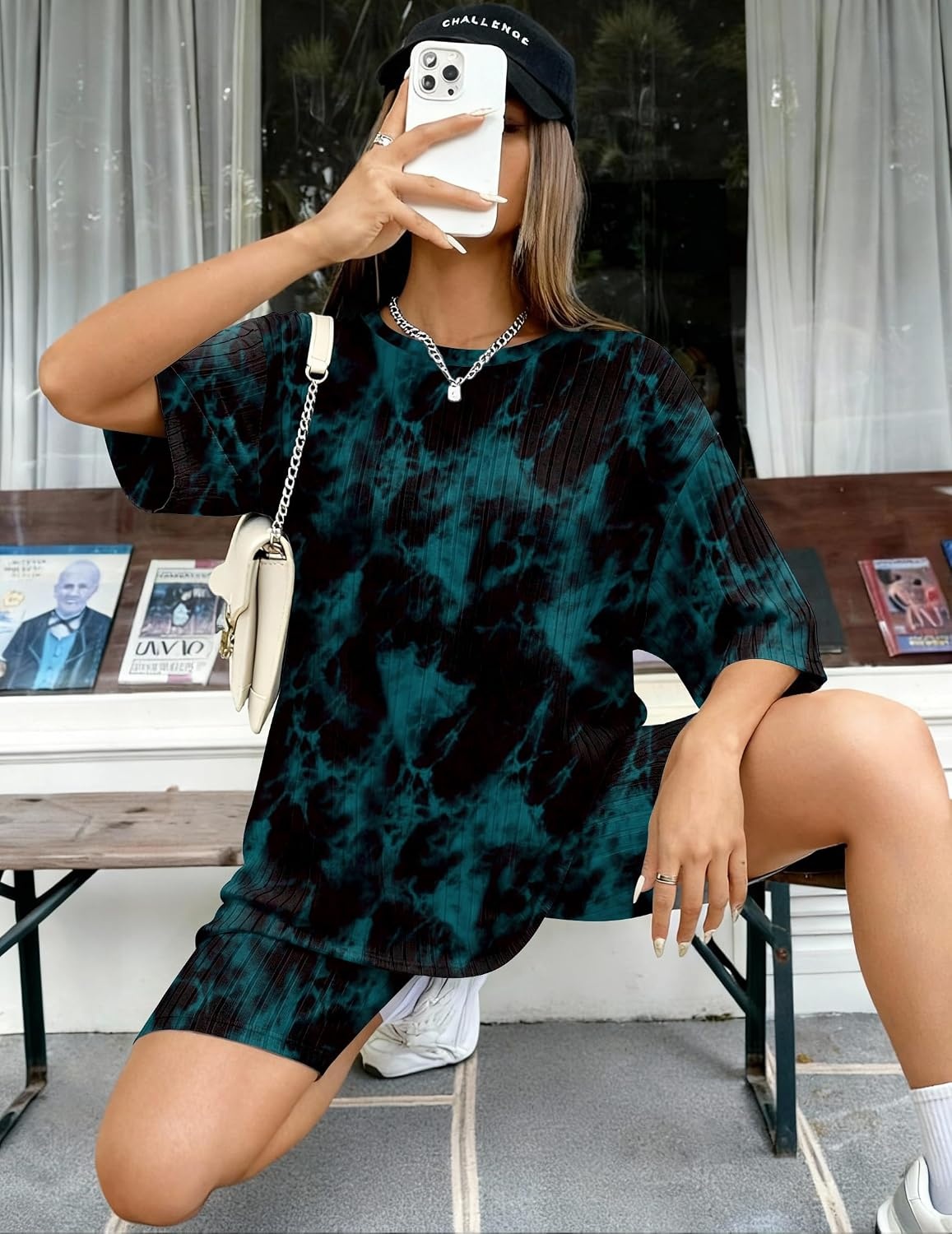 image:imageEkouaer Women 2 Piece Lounge Sets Ribbed Knit Oversized Shirt Biker ShortsTiedyeblackgreen