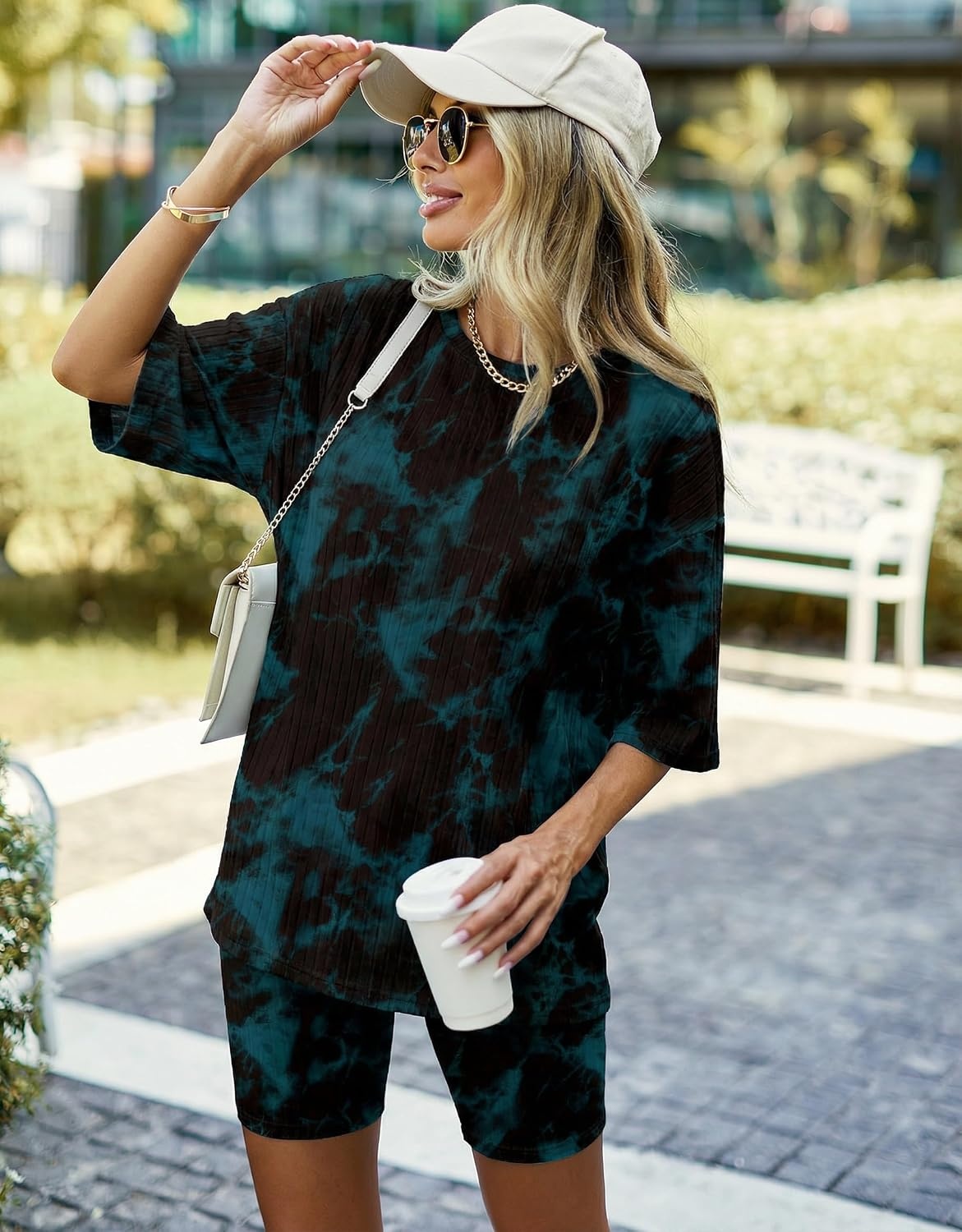image:imageEkouaer Women 2 Piece Lounge Sets Ribbed Knit Oversized Shirt Biker ShortsTiedyeblackgreen