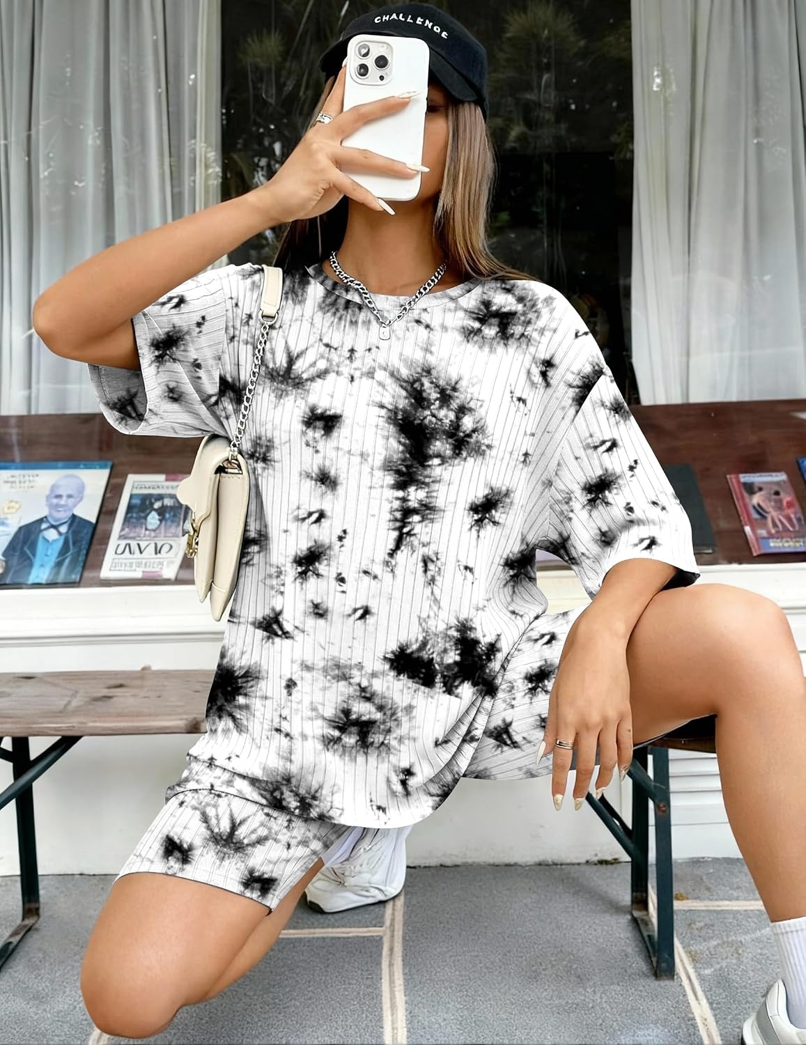 image:imageEkouaer Women 2 Piece Lounge Sets Ribbed Knit Oversized Shirt Biker ShortsTiedyeblackwhite
