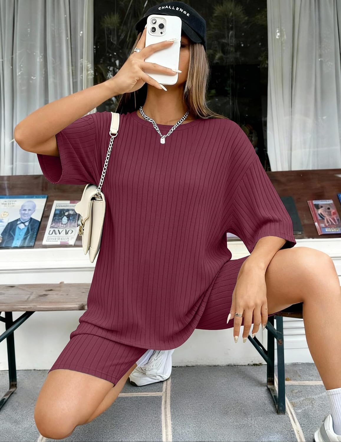 image:imageEkouaer Women 2 Piece Lounge Sets Ribbed Knit Oversized Shirt Biker ShortsWine Red