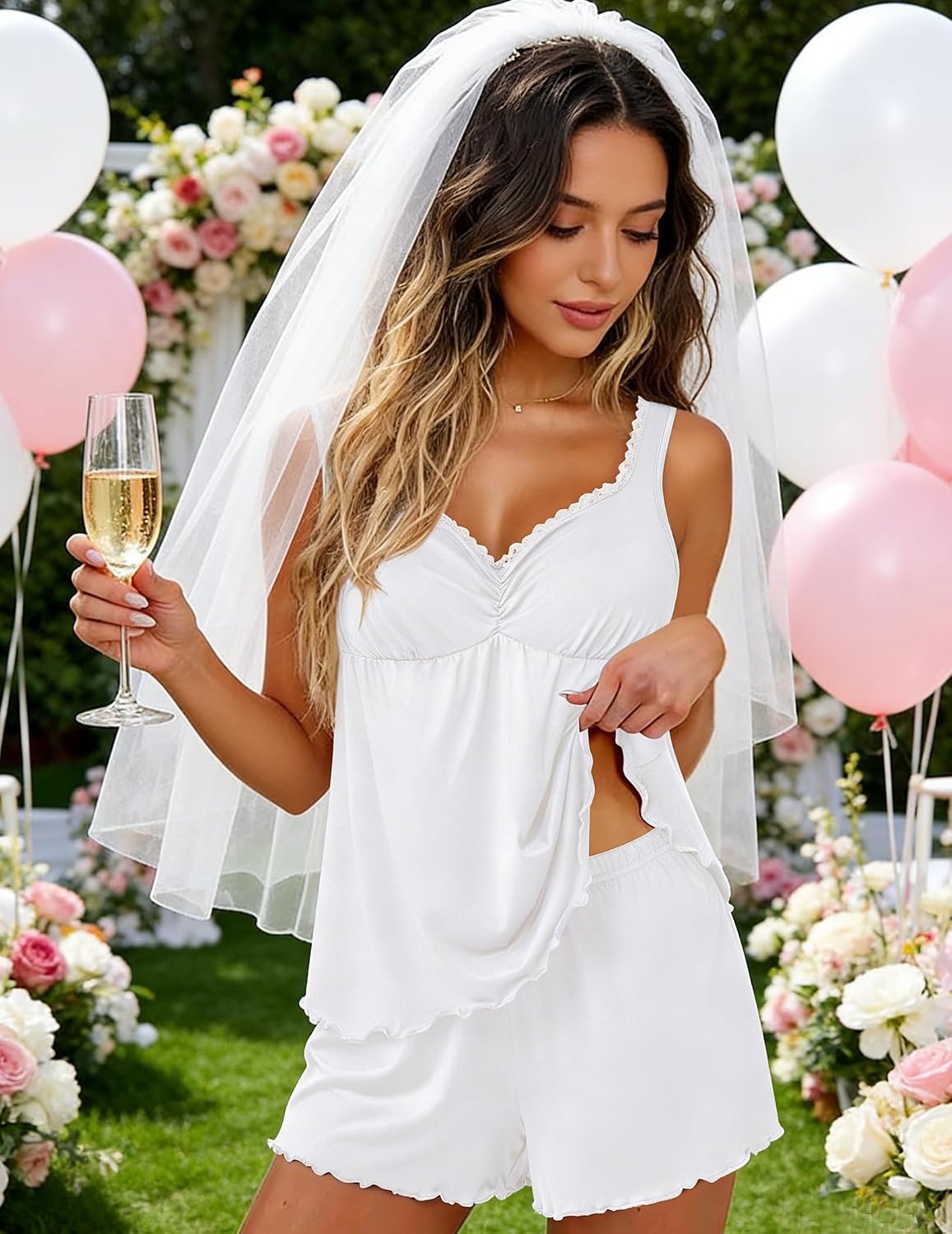 image:imageEkouaer Women 2 Piece V Neck Tank Top Shorts Pajama Set Lingerie SleepwearWhite