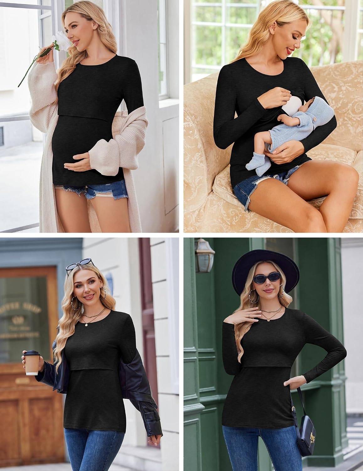 image:imageEkouaer Women Long Sleeve Nursing Shirts 3 Pack Breastfeeding Round Neck Top Double Layer Maternity Tshirt Pregnancy ClothesBlackLight GreyArmy Green