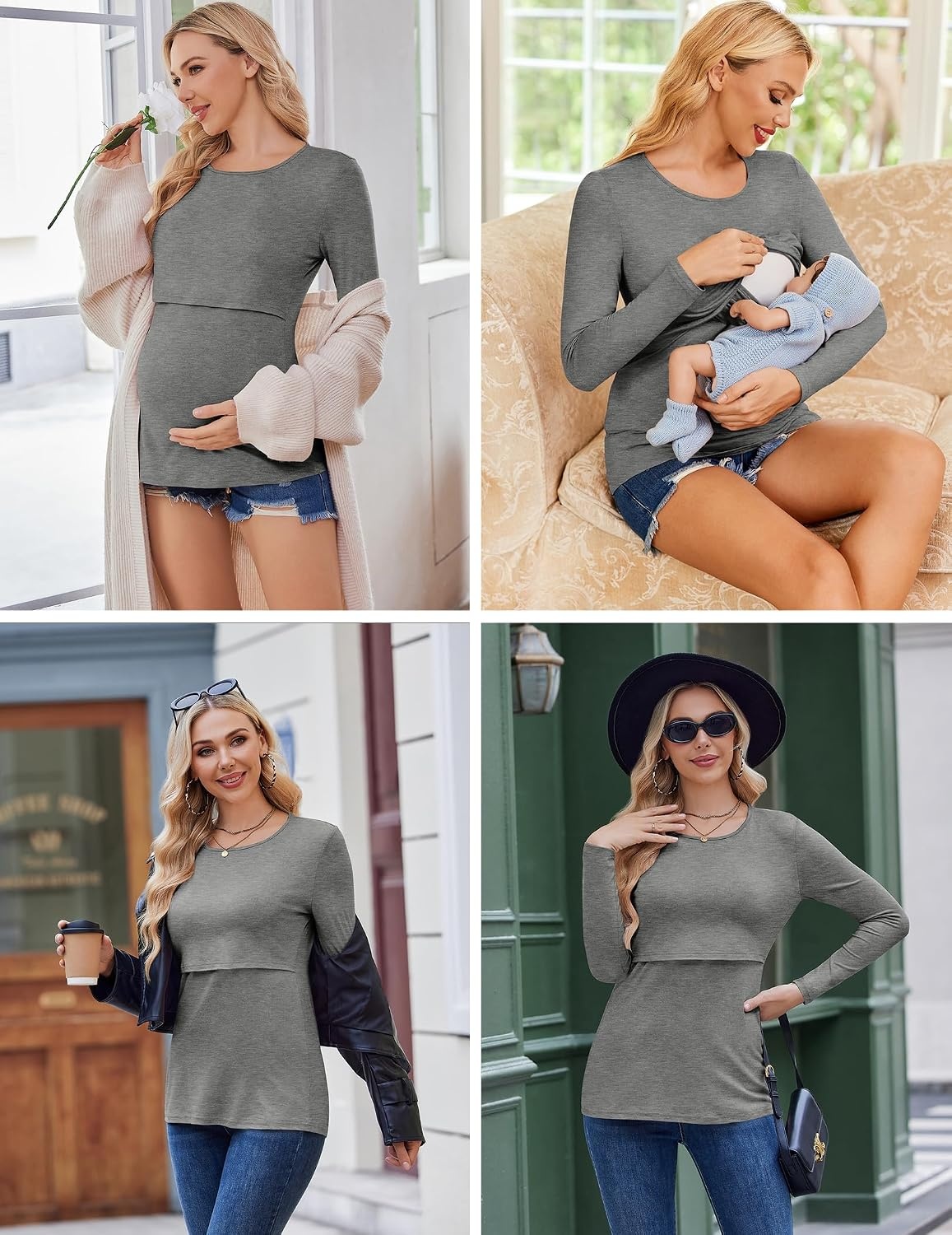image:imageEkouaer Women Long Sleeve Nursing Shirts 3 Pack Breastfeeding Round Neck Top Double Layer Maternity Tshirt Pregnancy ClothesBlackLight GreyArmy Green