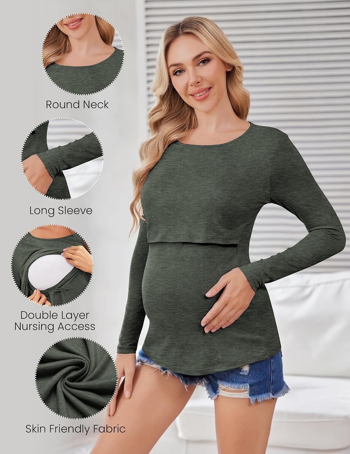 image:imageEkouaer Women Long Sleeve Nursing Shirts 3 Pack Breastfeeding Round Neck Top Double Layer Maternity Tshirt Pregnancy ClothesBlackLight GreyArmy Green
