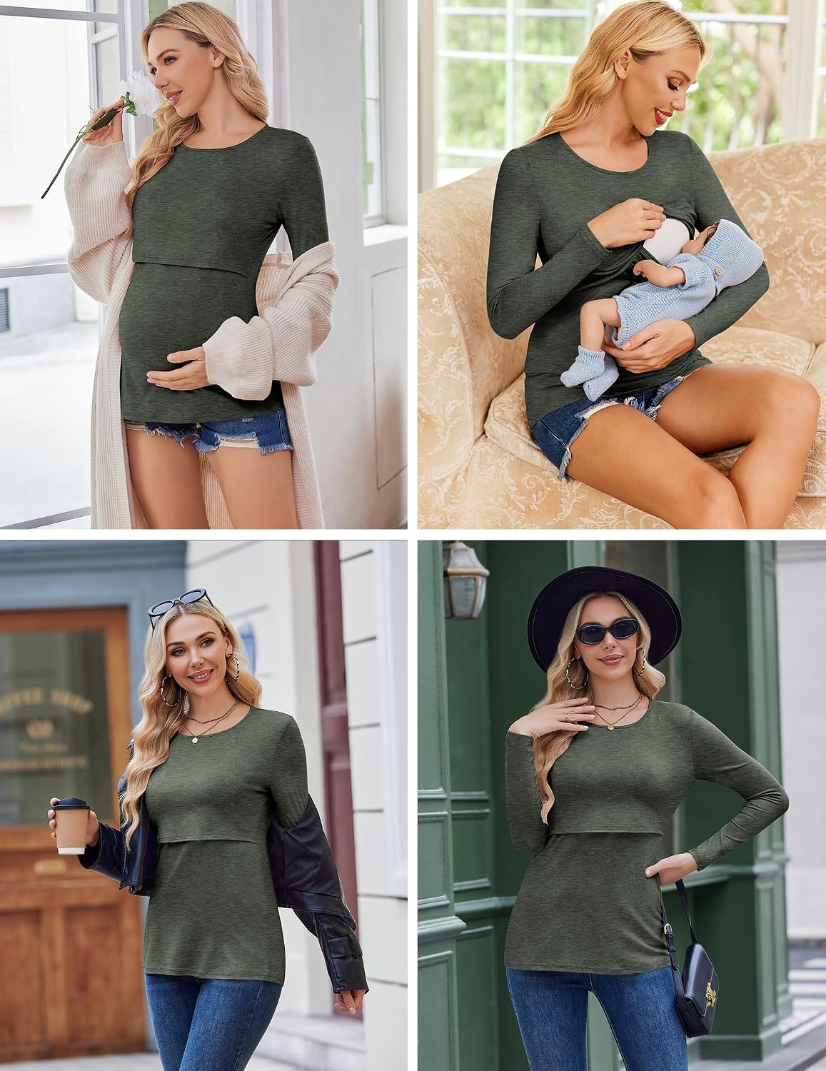 image:imageEkouaer Women Long Sleeve Nursing Shirts 3 Pack Breastfeeding Round Neck Top Double Layer Maternity Tshirt Pregnancy ClothesBlackLight GreyArmy Green