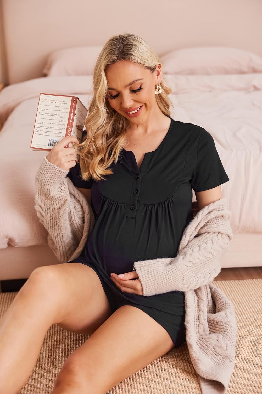 image:imageEkouaer Women Maternity Nursing Pajama Sets Short Sleeve Postpartum PajamasBlack