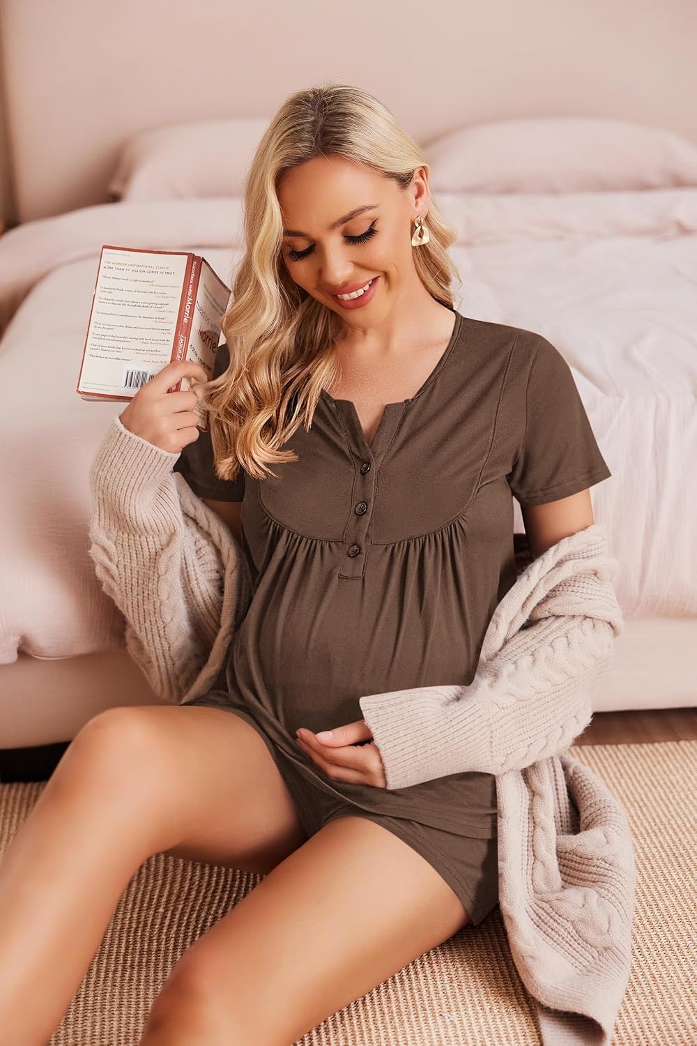 image:imageEkouaer Women Maternity Nursing Pajama Sets Short Sleeve Postpartum PajamasBrown