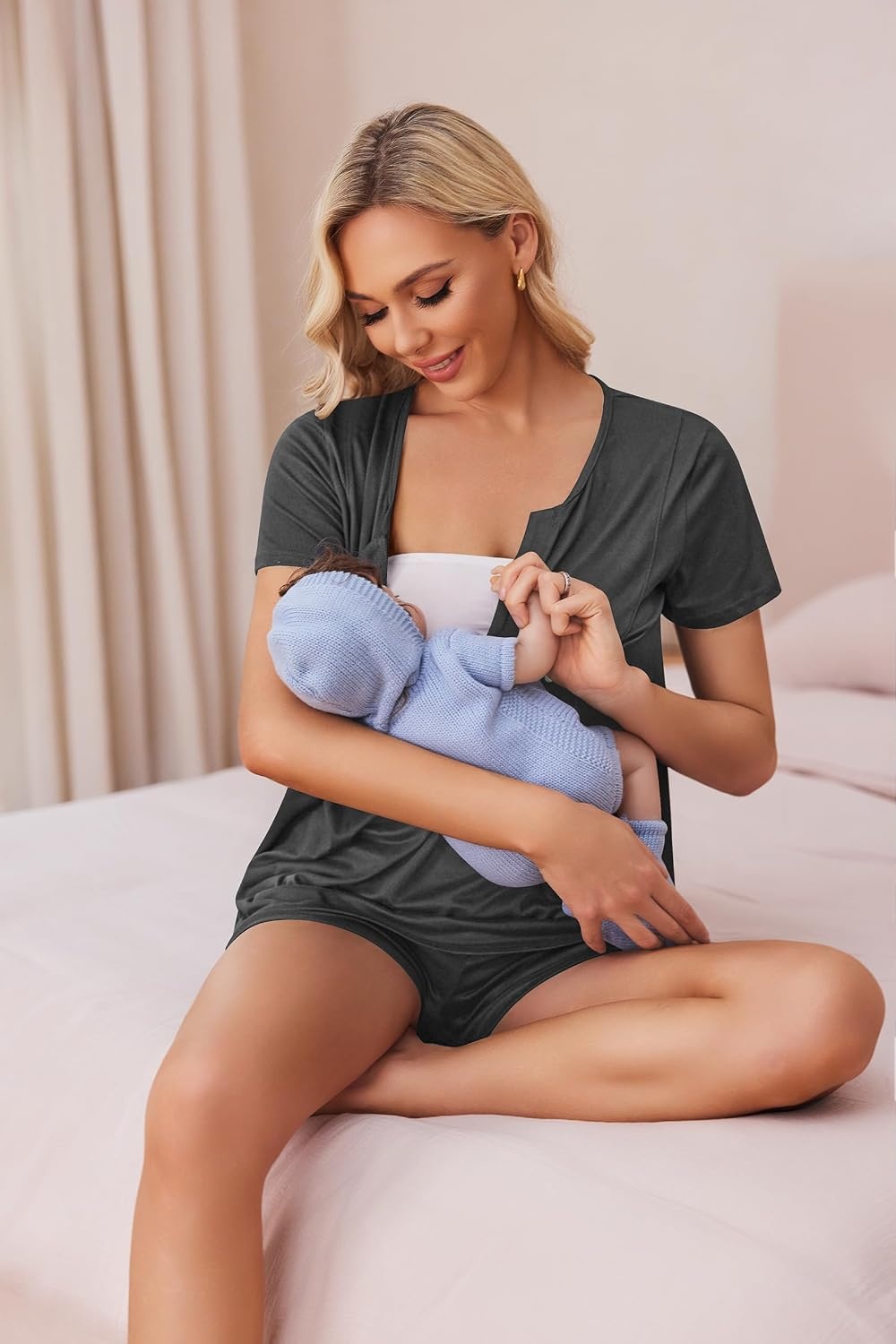 image:imageEkouaer Women Maternity Nursing Pajama Sets Short Sleeve Postpartum PajamasDark Grey
