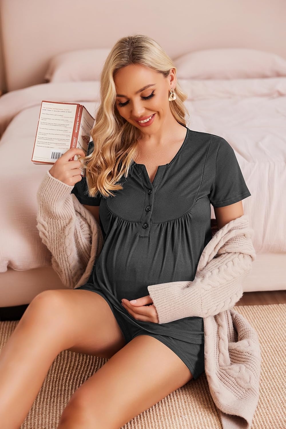 image:imageEkouaer Women Maternity Nursing Pajama Sets Short Sleeve Postpartum PajamasDark Grey