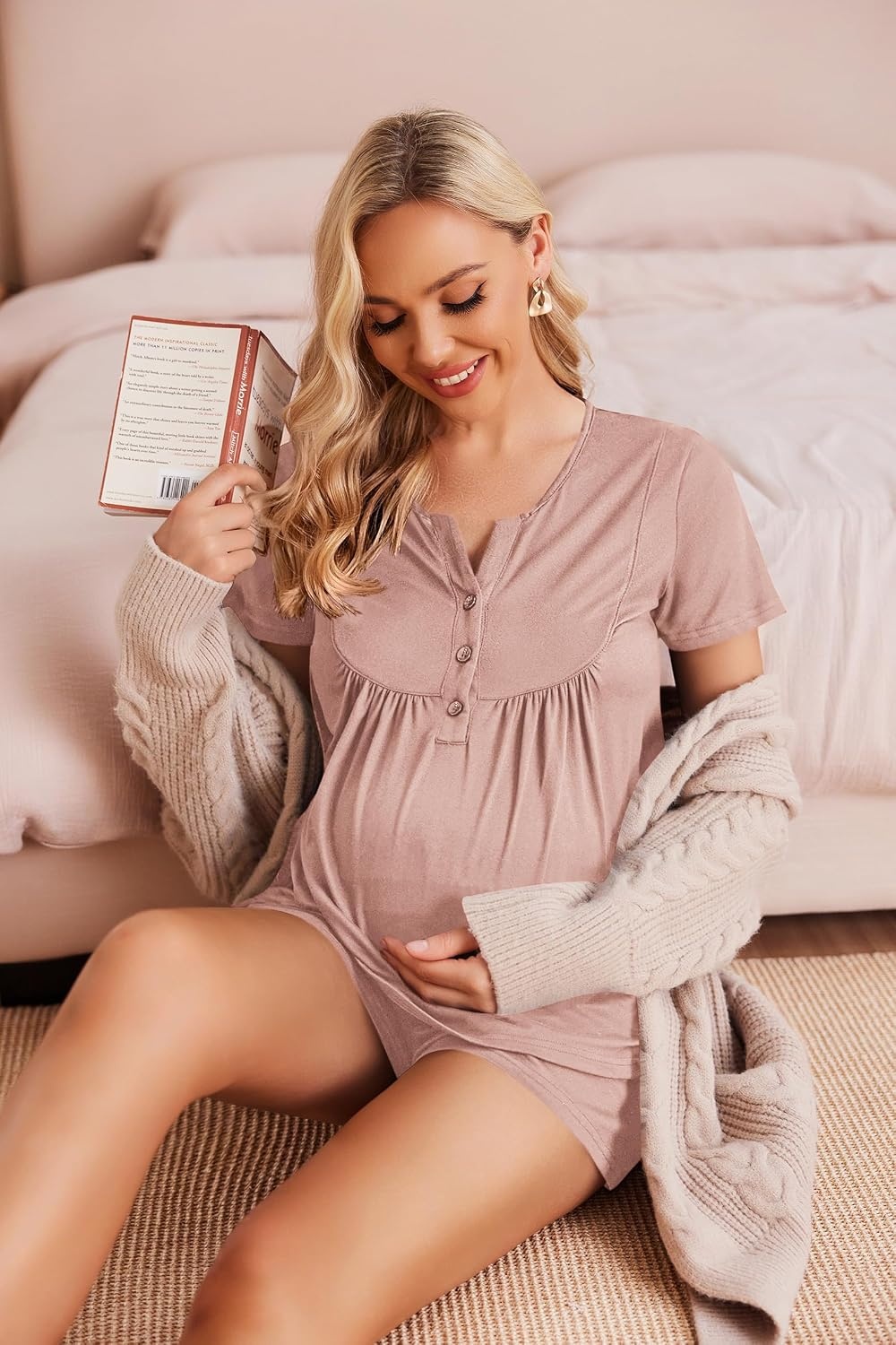 image:imageEkouaer Women Maternity Nursing Pajama Sets Short Sleeve Postpartum PajamasDusty Pink