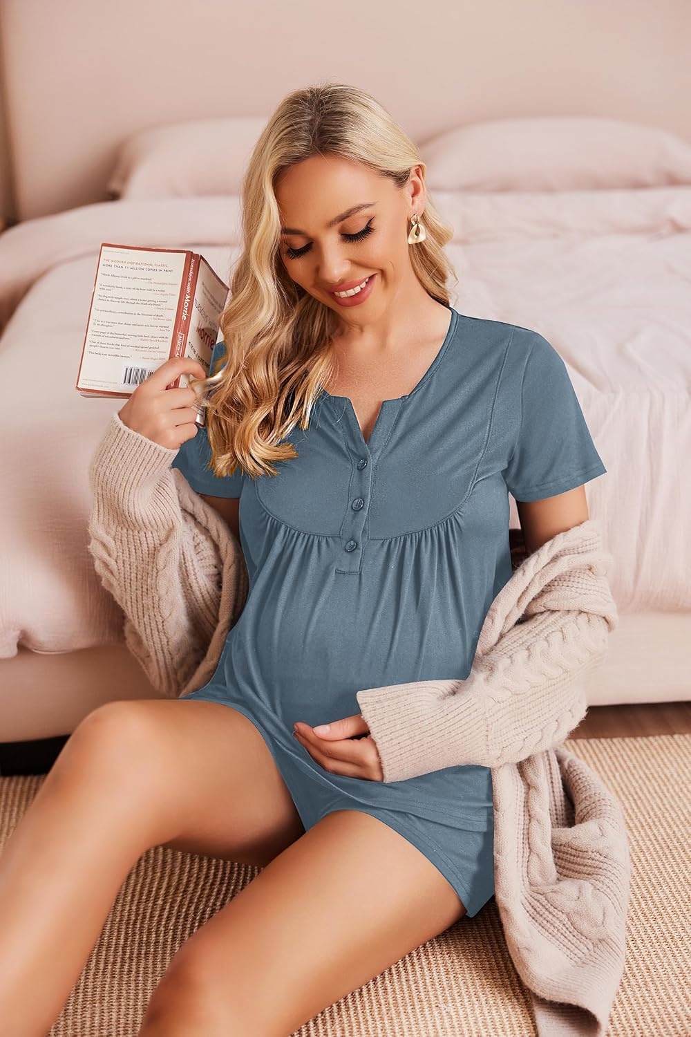 image:imageEkouaer Women Maternity Nursing Pajama Sets Short Sleeve Postpartum PajamasGrey Blue