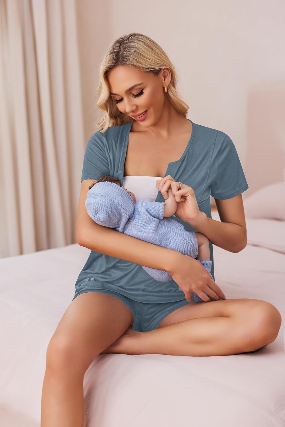 image:imageEkouaer Women Maternity Nursing Pajama Sets Short Sleeve Postpartum PajamasGrey Blue