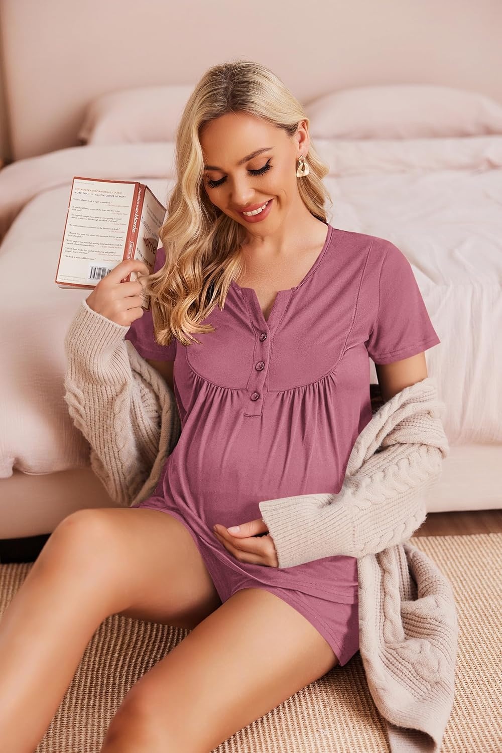 image:imageEkouaer Women Maternity Nursing Pajama Sets Short Sleeve Postpartum PajamasGrey Red
