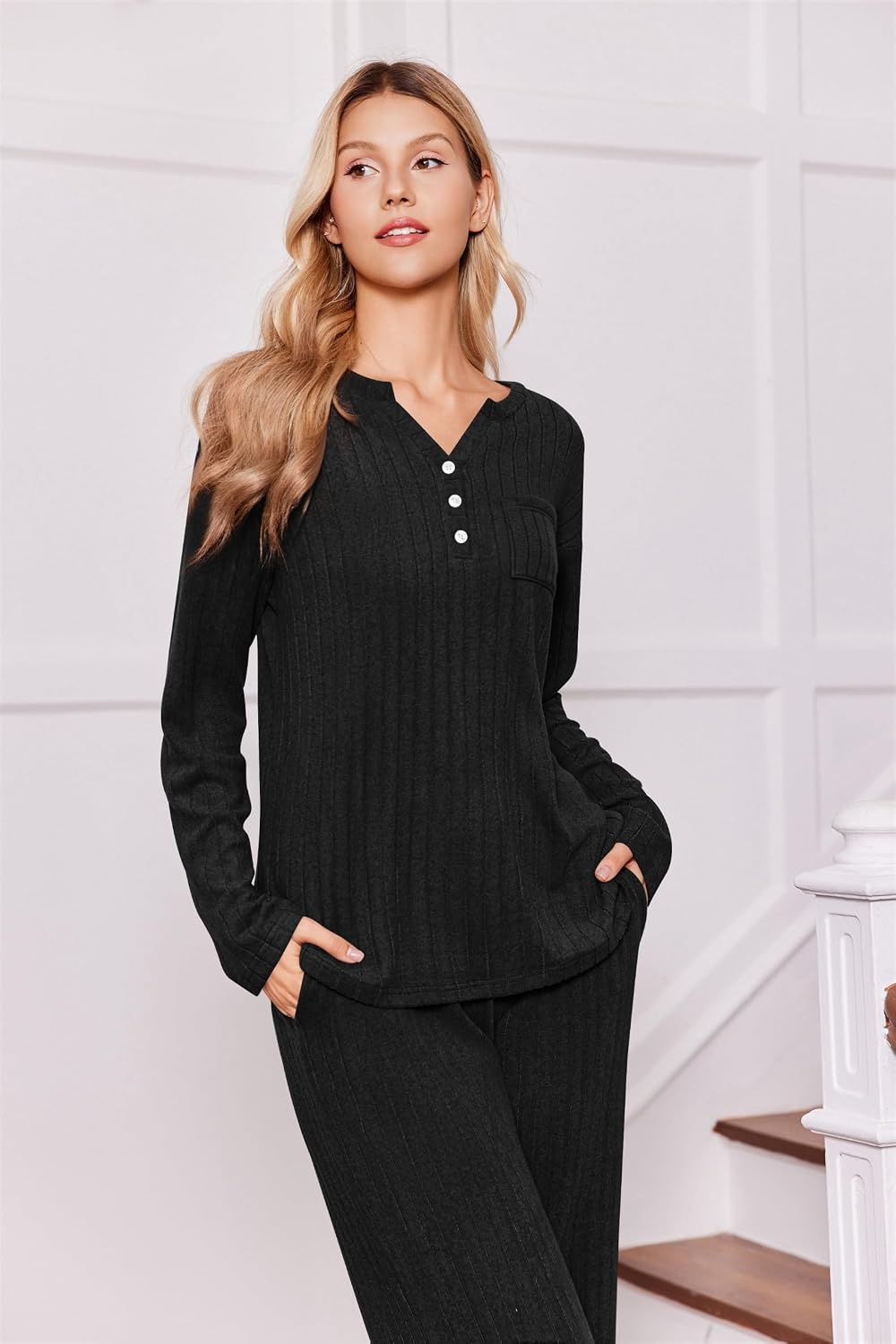 image:imageEkouaer Womens 2 Piece Lounge Set Long Sleeve Knit Ribbed Pajama SetsBlack