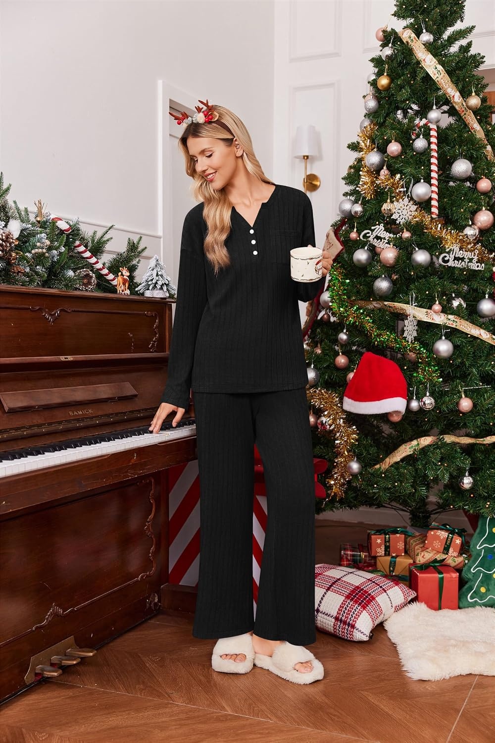 image:imageEkouaer Womens 2 Piece Lounge Set Long Sleeve Knit Ribbed Pajama SetsBlack