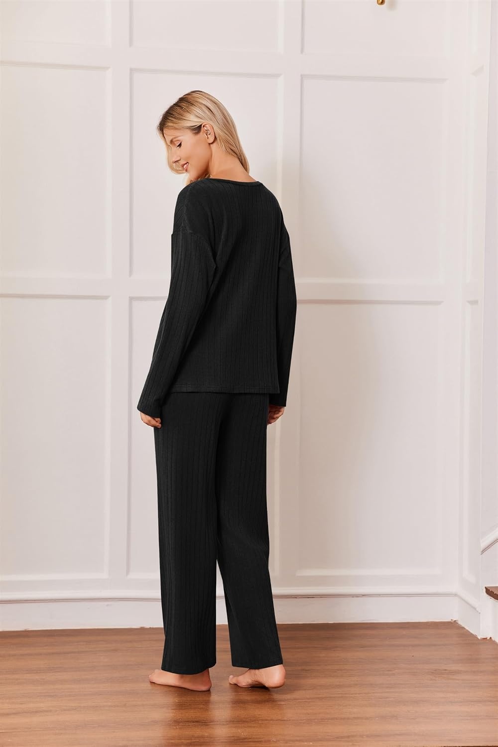 image:imageEkouaer Womens 2 Piece Lounge Set Long Sleeve Knit Ribbed Pajama SetsBlack