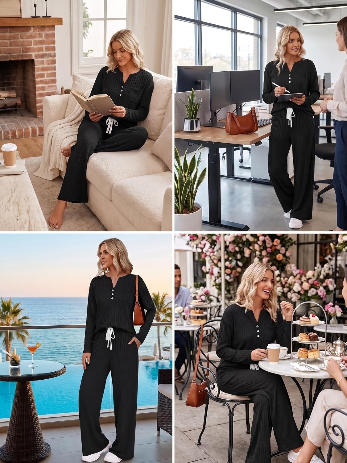 image:imageEkouaer Womens 2 Piece Lounge Set Long Sleeve Knit Ribbed Pajama SetsBlack