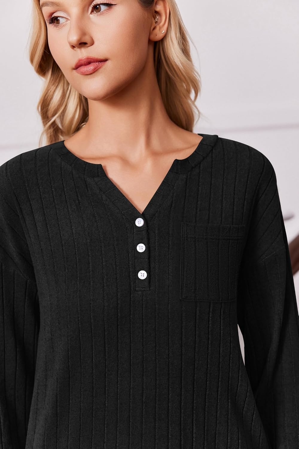 image:imageEkouaer Womens 2 Piece Lounge Set Long Sleeve Knit Ribbed Pajama SetsBlack