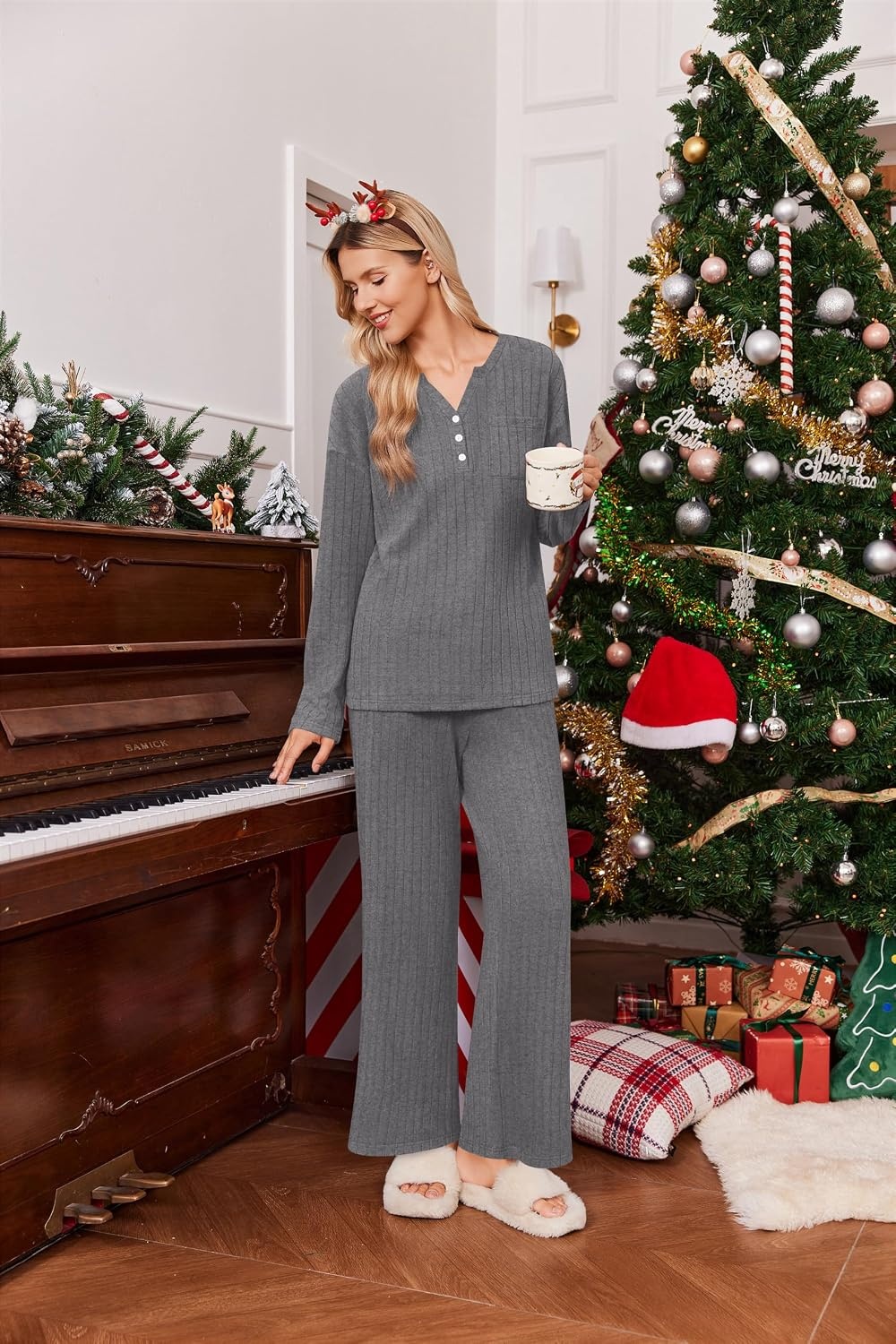 image:imageEkouaer Womens 2 Piece Lounge Set Long Sleeve Knit Ribbed Pajama SetsDark Gray