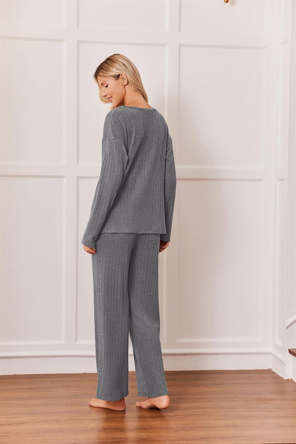 image:imageEkouaer Womens 2 Piece Lounge Set Long Sleeve Knit Ribbed Pajama SetsDark Gray